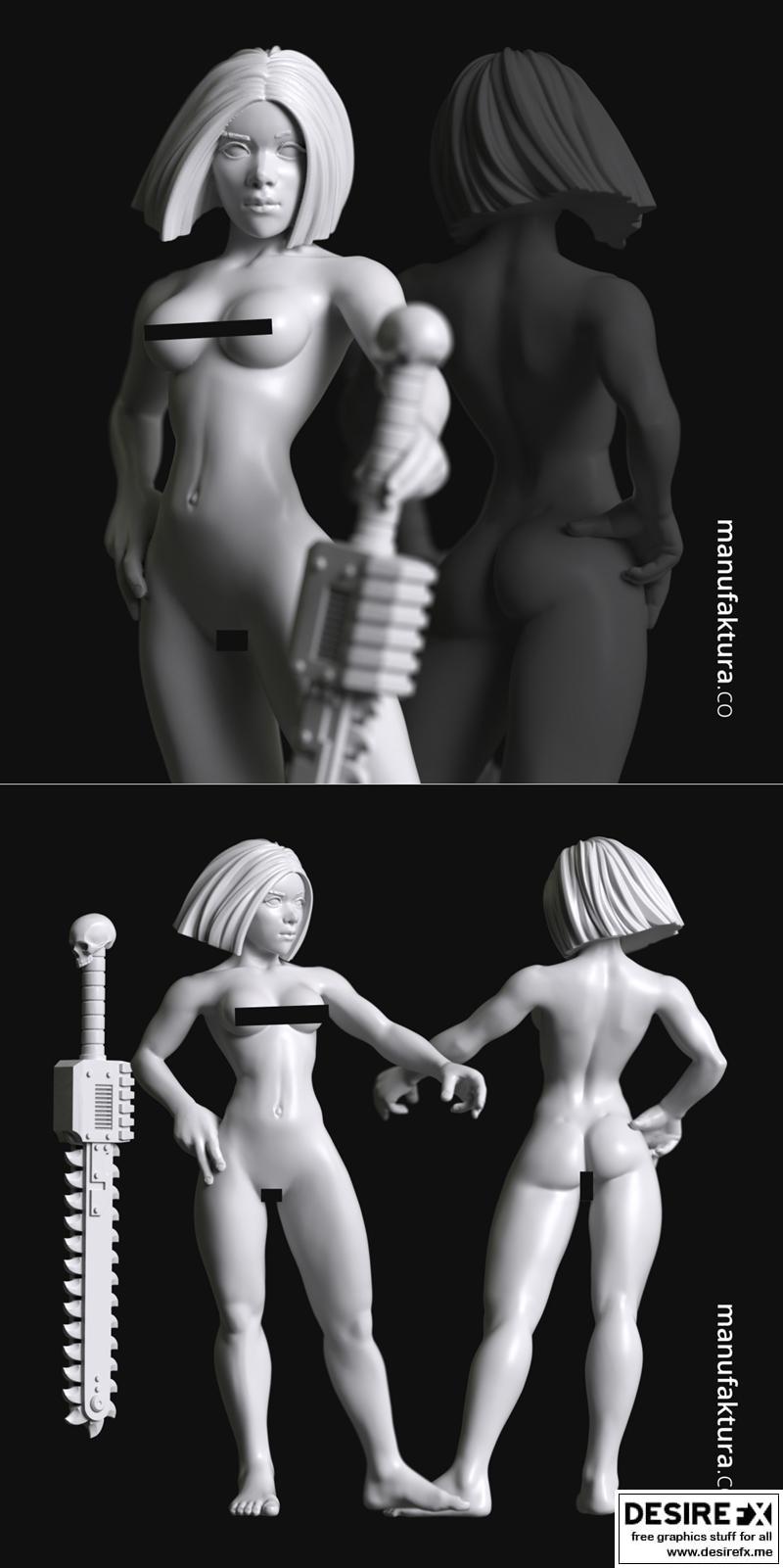 Sedition系列05f - 增强型女战士角色 搭载链锯剑 3D打印模型|Sedition Series 05f – Naked Gene-enhanced Female Battle Sister with Chainsaw Sword – 3D Print Model STL