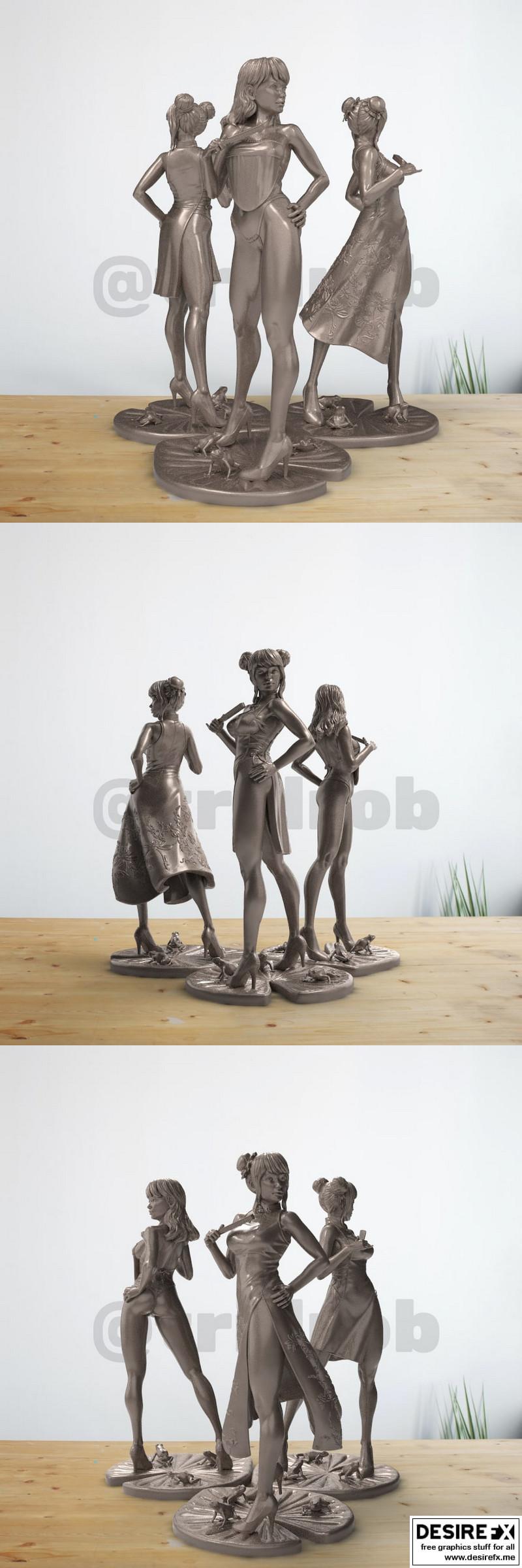 三女孩与青蛙——3D打印模型|3 Girls and Frogs – 3D Print Model STL