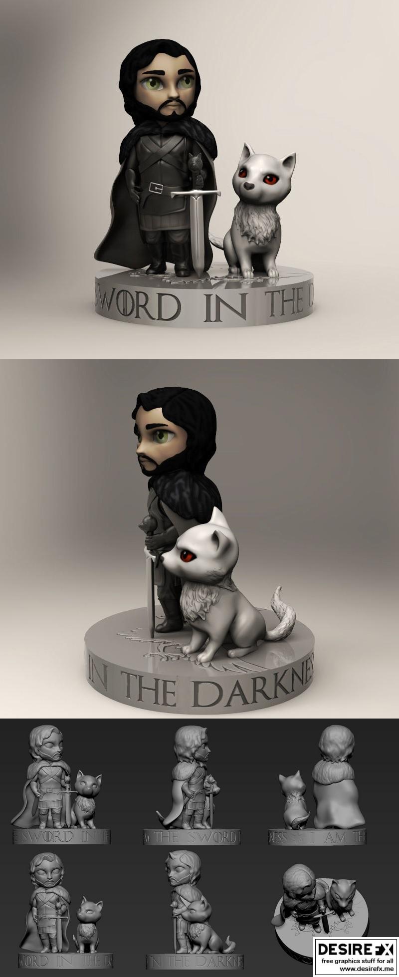 琼恩·雪与鬼怪迷你模型 3D打印版|Jon Snow and Ghost Chibi – 3D Print Model STL