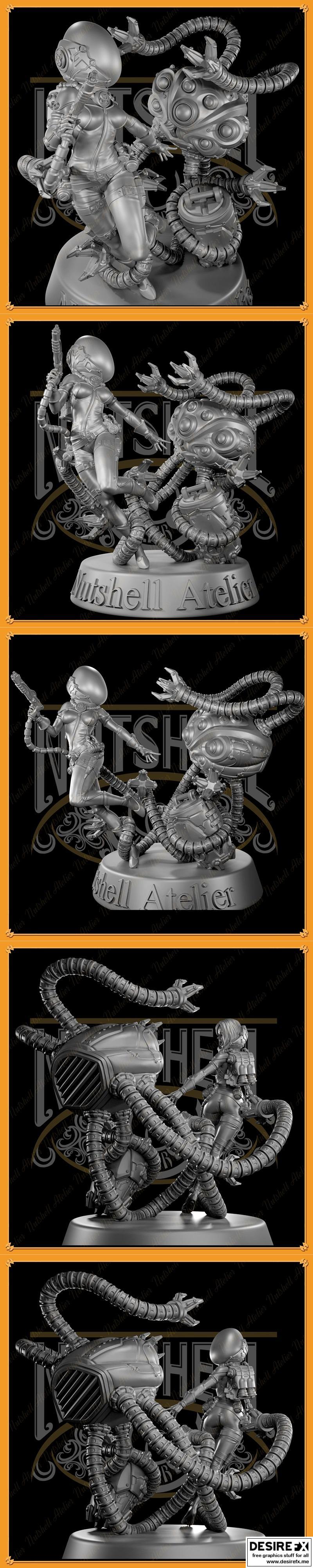 Nutshell Atelier出品：太空少女与怪物 3D打印模型|Nutshell Atelier – Space girl and Monster – 3D Print Model STL