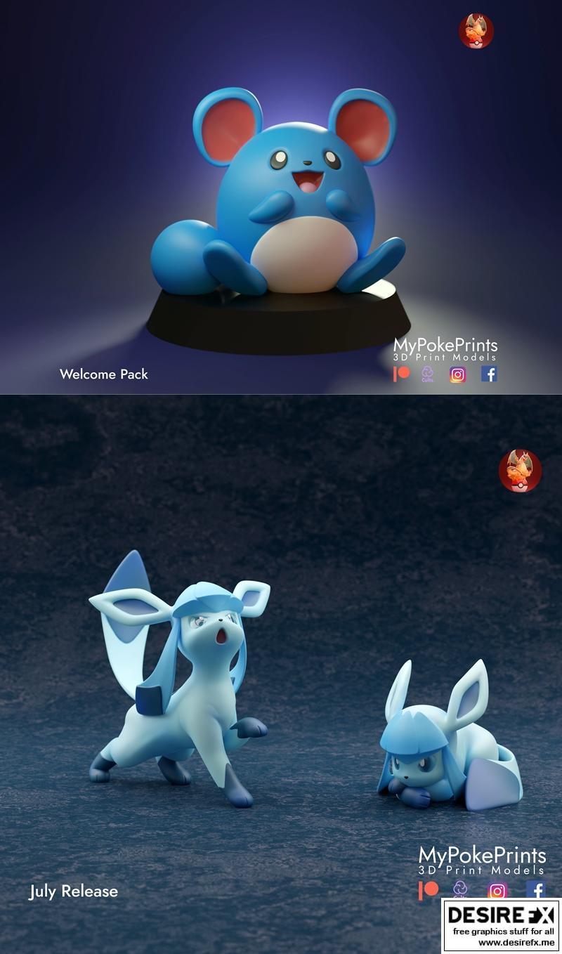 MyPokePrints - 赤焰狐与玛丽 - 3D打印模型|MyPokePrints – Glaceon and Maril – 3D Print Model STL