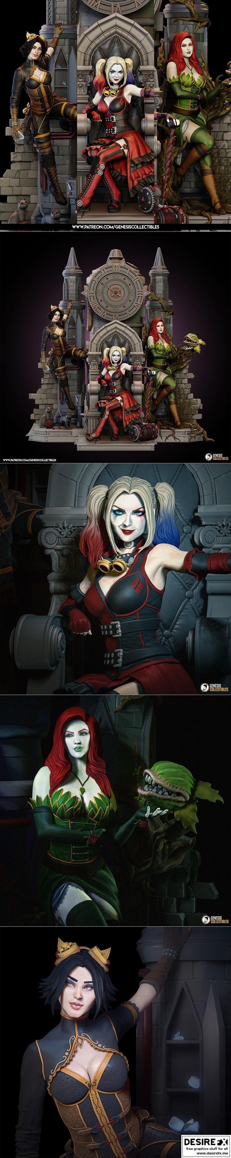 赛博蒸汽朋克哥谭市：哈莉·奎茵、毒藤女、猫女3D打印模型|C27 – Steampunk Gotham City Sirens Harley Quinn Poison Ivy Catwoman – 3D Print Model STL