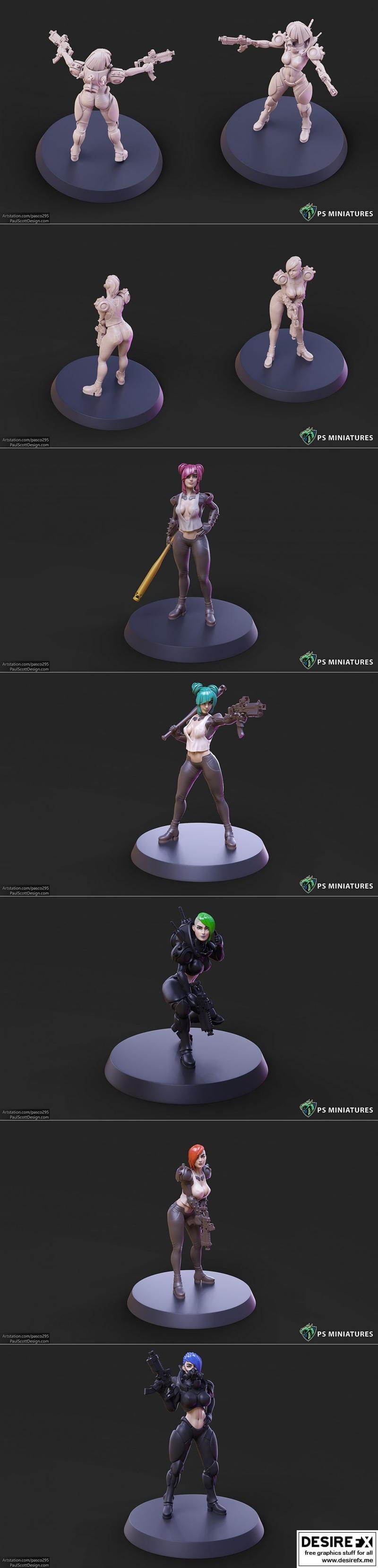 赛博朋克女打工人与佣兵姿态1-7变体及性感海报3D打印模型|Cyberpunk Scrapper Girl and Mercenary Pose 1-7 Variants and Pinup – 3D Print Model STL