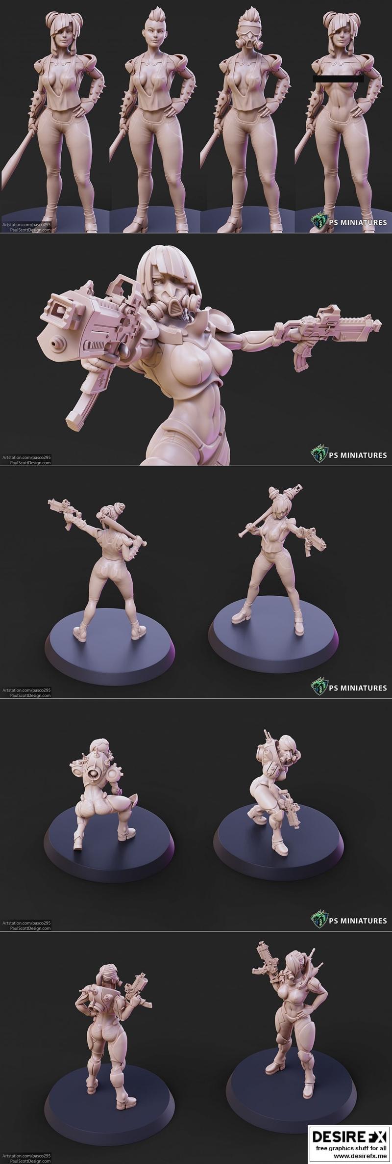 赛博朋克女打工人与佣兵姿态1-7变体及性感海报3D打印模型|Cyberpunk Scrapper Girl and Mercenary Pose 1-7 Variants and Pinup – 3D Print Model STL