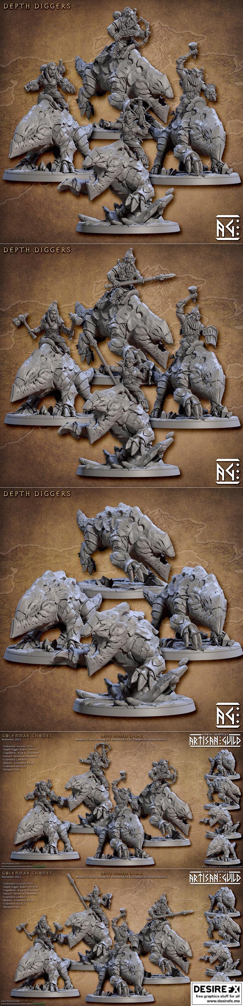 匠艺工坊-哥利姆尔矮人-深度挖掘骑手-3D打印模型|Artisan Guild – Golemmar Gnomes – Depth Digger Riders – 3D Print Model STL