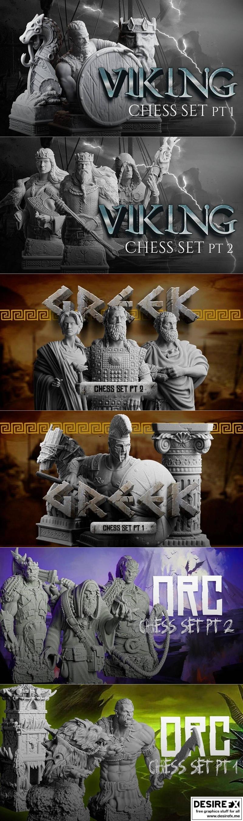 北欧与希腊风格棋盘3D打印模型|Orc and Viking and Greek Chess Set – 3D Print Model STL