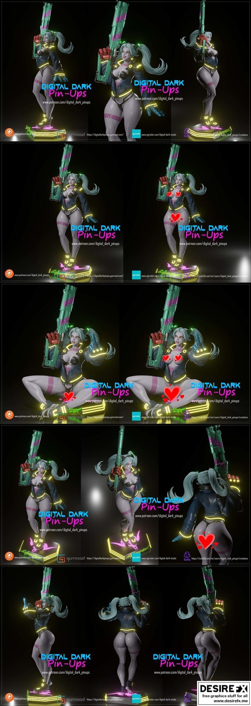 数字暗黑贴纸——赛博朋克边缘奔跑者3D打印模型|Digital Dark Pin-Ups – Rebecca Cyberpunk Edgerunners – 3D Print Model STL