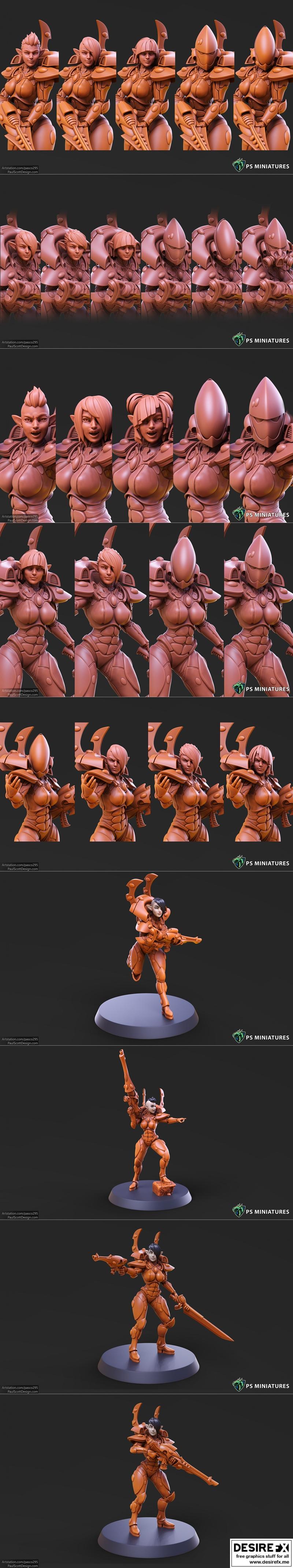 PS迷你模型 - 太空精灵女兵系列 - 40种变体及海报图 - 3D打印模型STL|PS Miniatures – Space Elf Female Soldier Bundle – 40 variants and Pinups – 3D Print Model STL