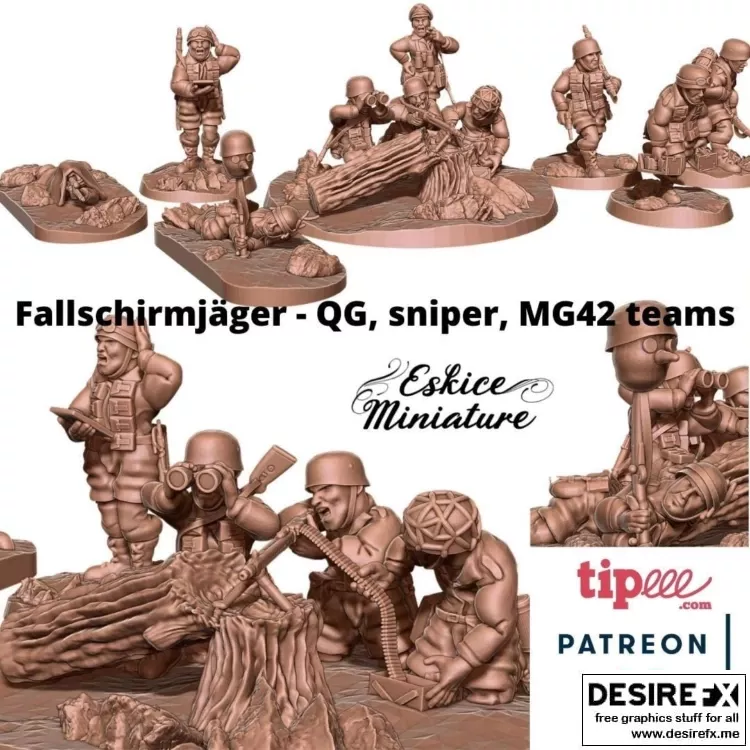 Eskice迷你跳伞兵——GQ狙击手、MG42机枪手三人组 3D打印模型|Eskice Miniature Fallschirmjager – GQ, Sniper, MG42 – Firing Team – 3D Print Model STL