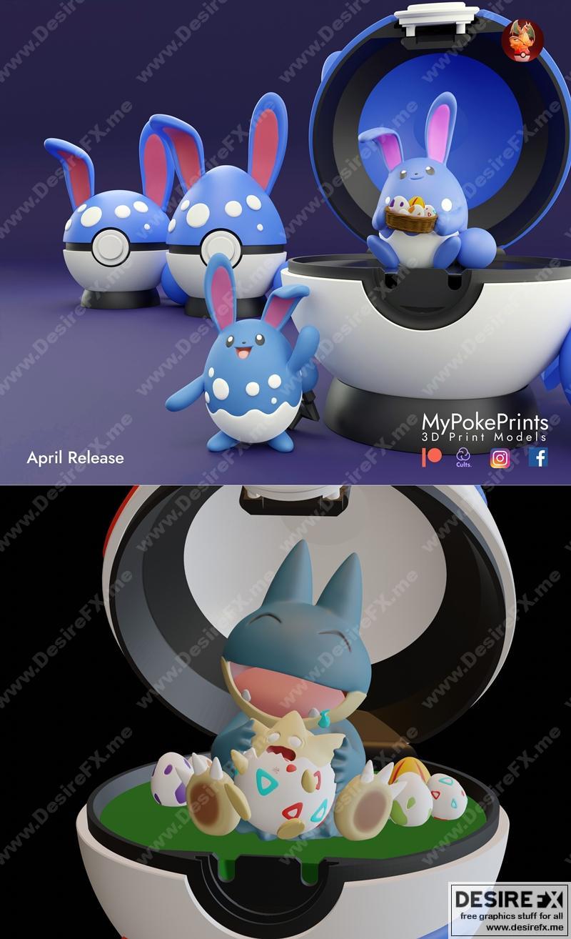 蛋仔与小火龙（复活节）及水泡兔（复活节舞会）——3D打印模型|Munchlax and Togepi (Easter) and Azumarill (Easter Ball) – 3D Print Model STL