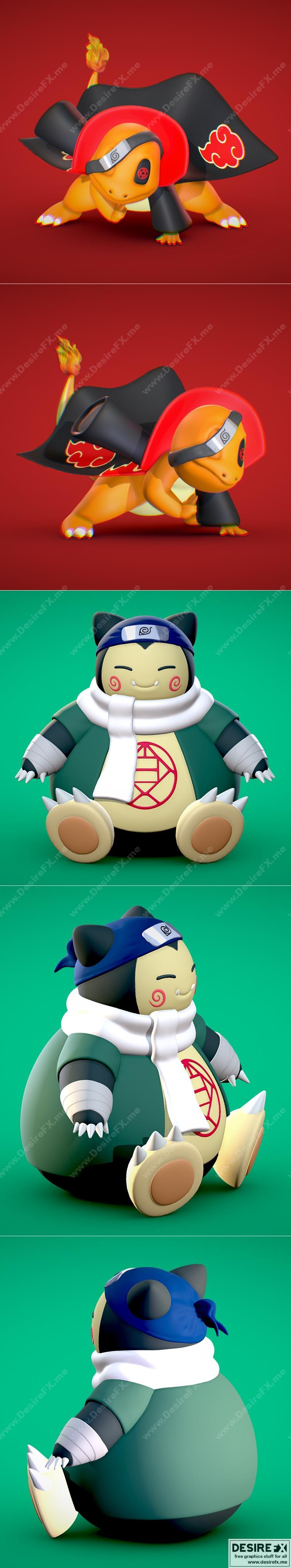 火焰龙Charmander与晓组织成员、胖虎Chouji的动漫游戏3D打印模型|Charmander – Akatsuki Collection and Snorlax Chouji – Naruto Collection – 3D Print Model STL