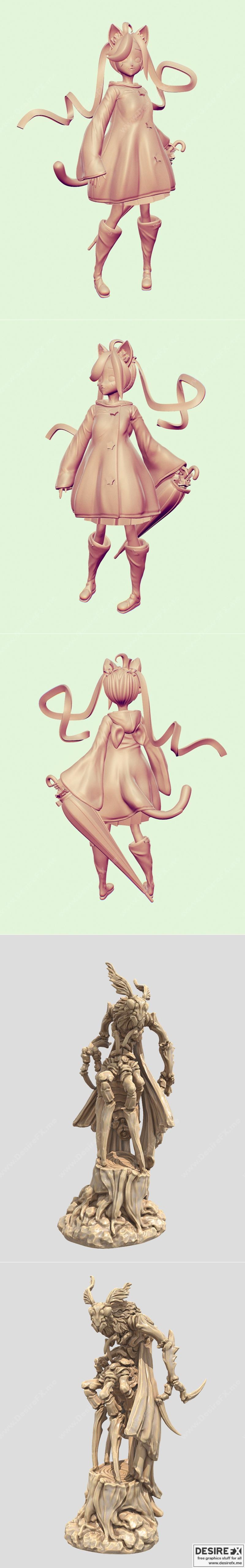 雨天猫娘与蛾人——3D打印模型|Neko Rainy Day Tayn 1 and Mothman – Cryptid – 3D Print Model STL