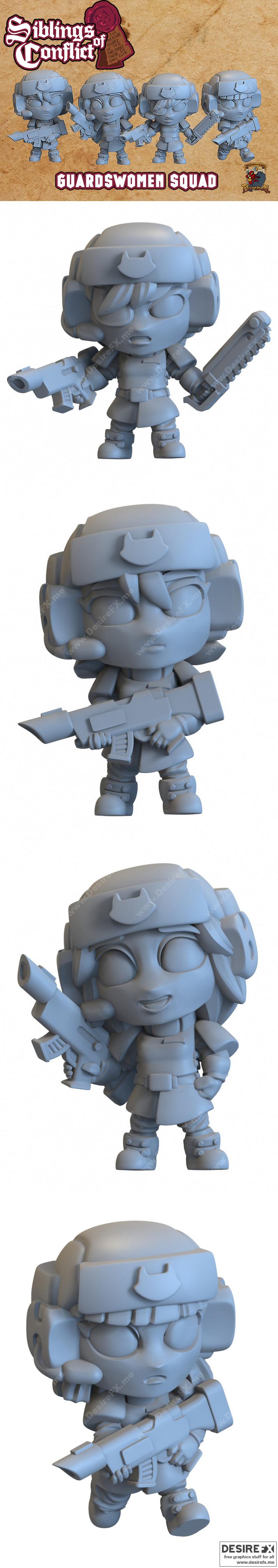 冲突姐妹团——守卫女战士3D打印模型|Capsule Chibi – Siblings of Conflict – Guardswomen Squad – 3D Print Model