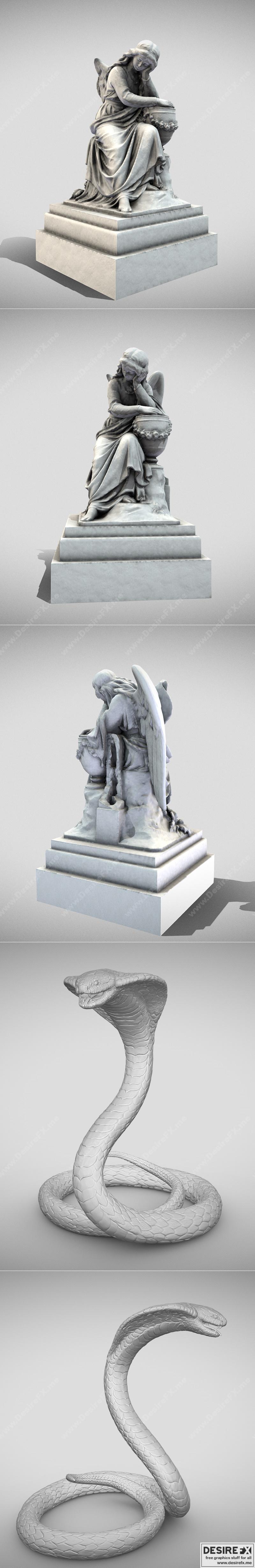 墓地雕像：睡天使与眼镜蛇 3D打印模型|Cemetery Statue Sleeping Angel and King Cobra – 3D Print Model STL
