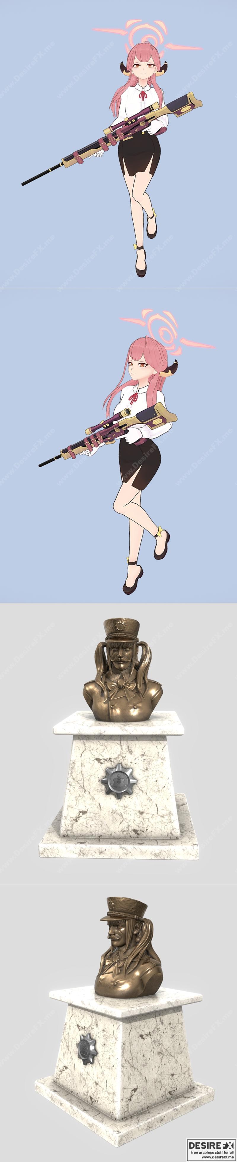 蓝arc档案与雷卡瓦·切里诺青铜雕像 - 3D打印模型|Blue Archive and Renkawa Cherino Bronze statue – 3D Print Model STL