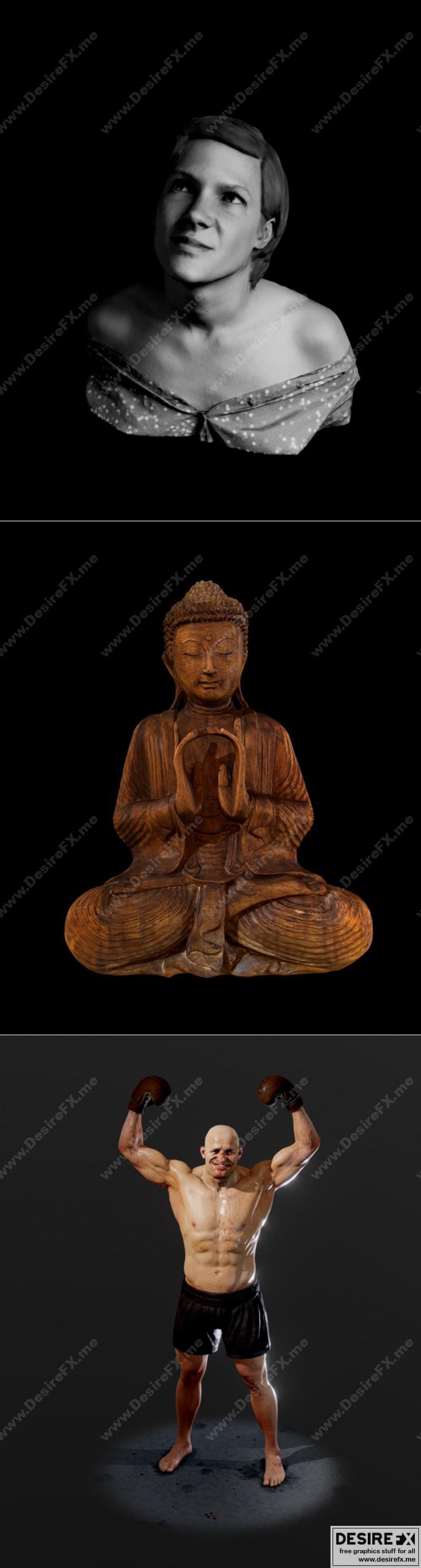 黑白人像与拳击手及木雕佛陀——3D打印模型|Portrait bw and Pugile (Boxer) and Bouddha Bois – 3D Print Model STL