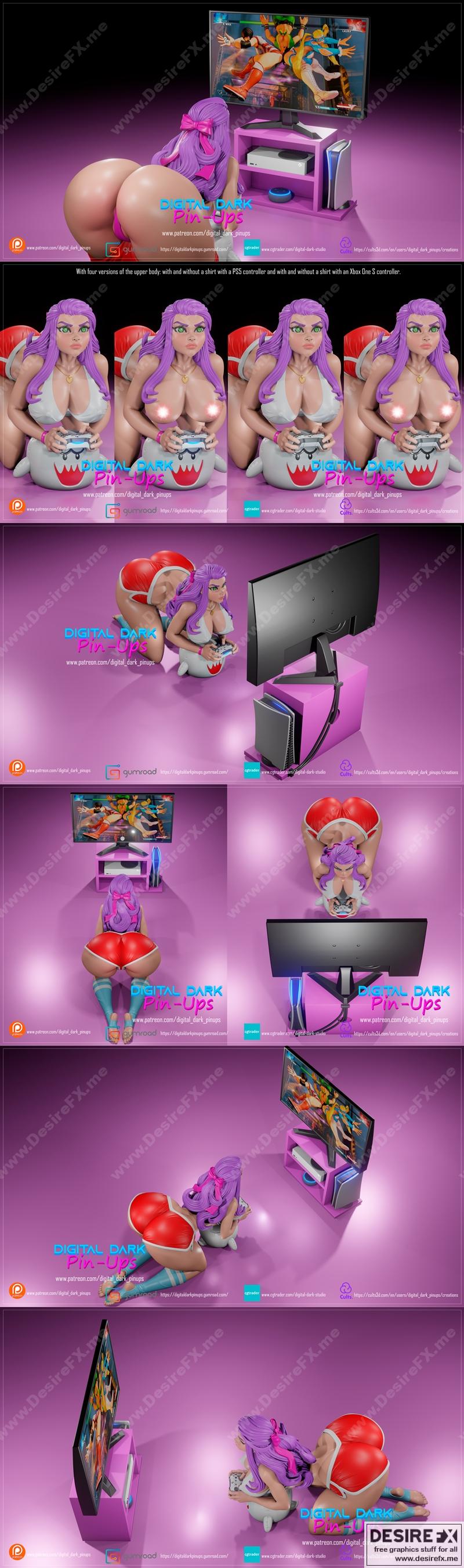 数字暗黑贴纸少女——游戏女孩5及FUTA版3D打印模型|Digital Dark Pin-Ups – Gamer Girl 5 and FUTA Version – 3D Print Model STL