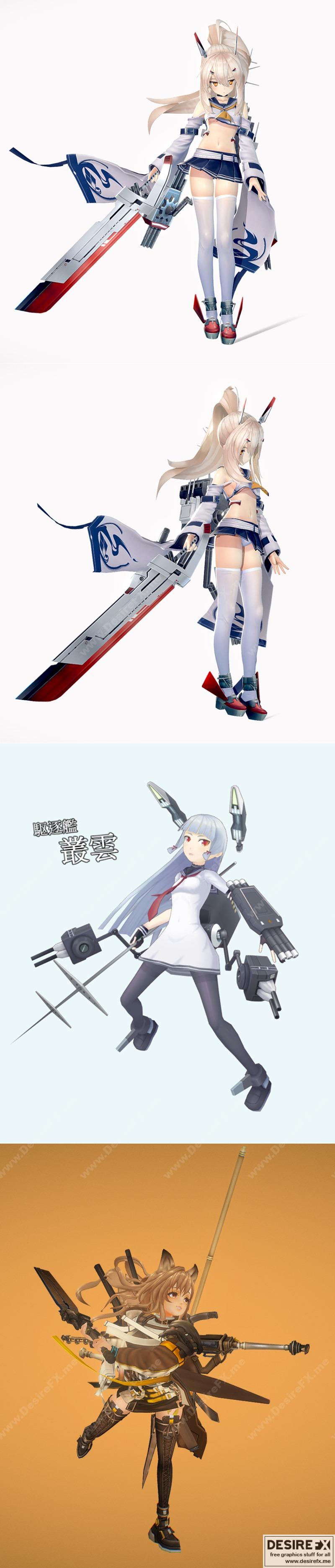 艾尔文与苍月和瑟蕾娜 Arknights 手绘3D打印模型|Ayanami Azurlane and Murakumo and Ceobe from Arknights Handpainted – 3D Print Model STL
