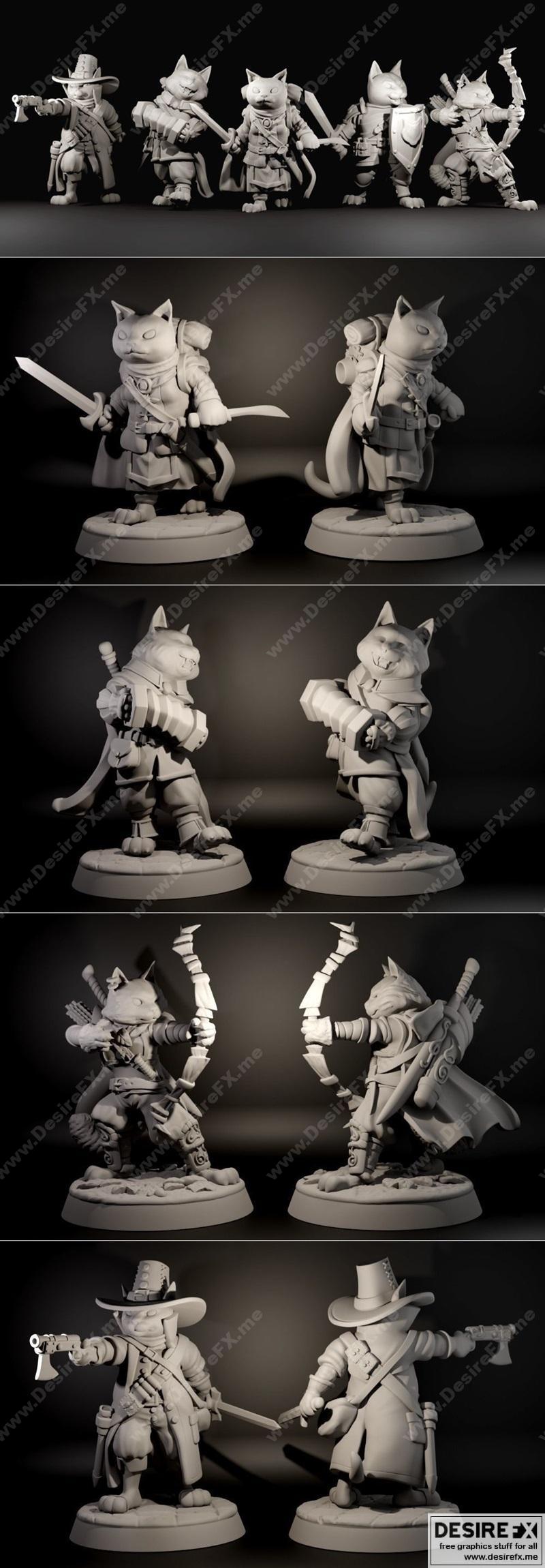 幻想猫咪RPG派对——毛茸茸猫团3D打印模型|Fantasy Cats RPG Party – The Scruffy Clowder – 3D Print Model STL