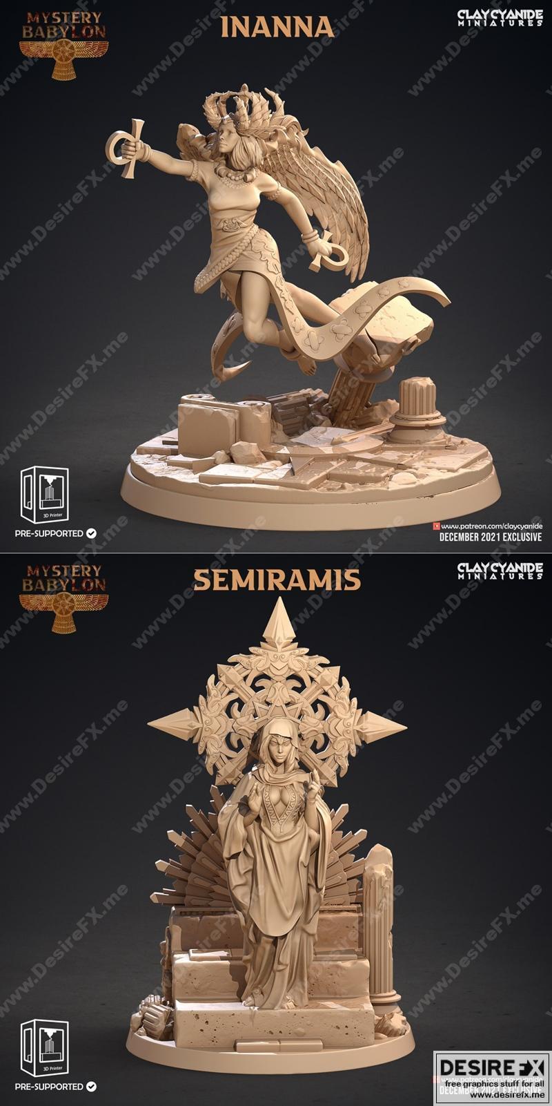 克莱因蓝迷你模型：伊南娜与塞米拉米斯 3D打印雕塑|Clay Cyanide Miniatures – Inanna, Semiramis – 3D Print Model STL