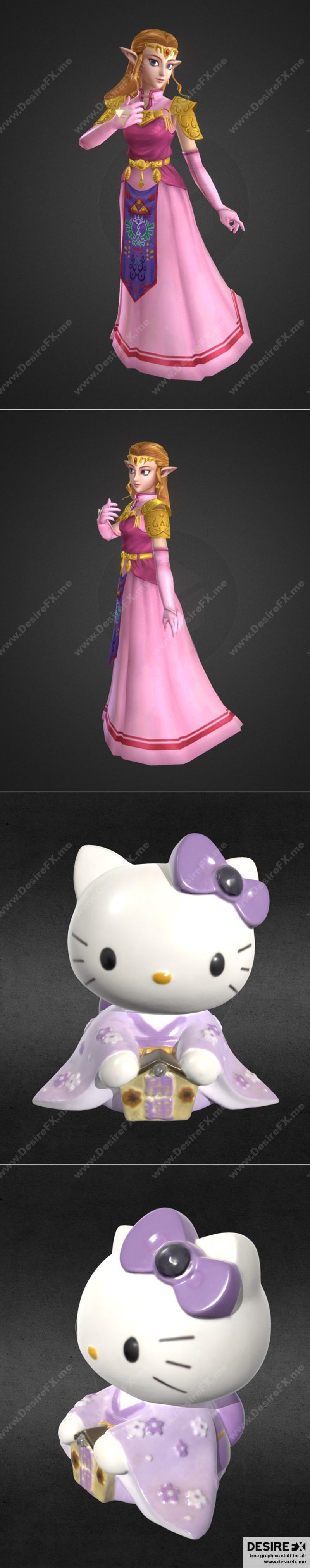 塞尔达传说奥卡林娜时光 Hello Kitty 和服 3D打印模型|Ocarina of Time Zelda and Hello Kitty in Kimono Figure – 3D Print Model STL
