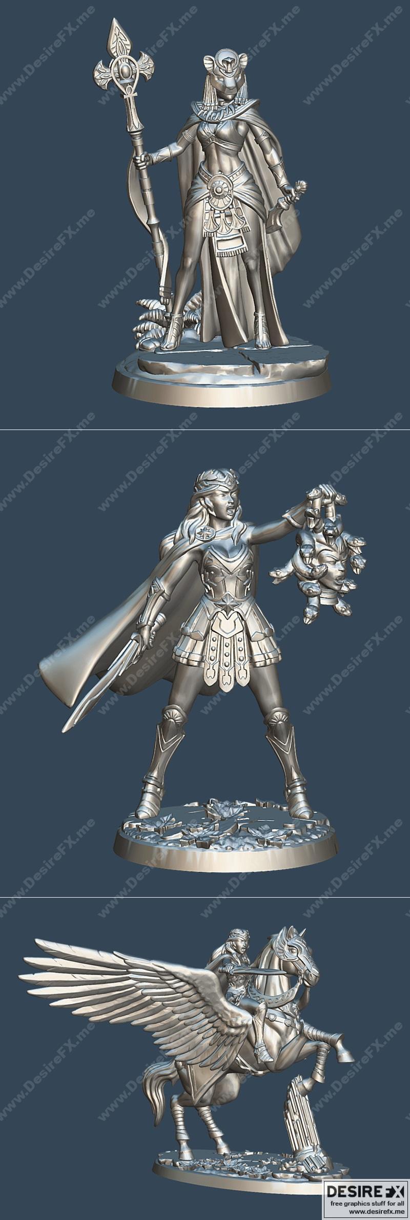 塞赫迈特女祭司与安德洛墨达公主及佩加索斯——3D打印模型|Priestess of Sekhmet and Princess Andromeda and Pegasus – 3D Print Model STL