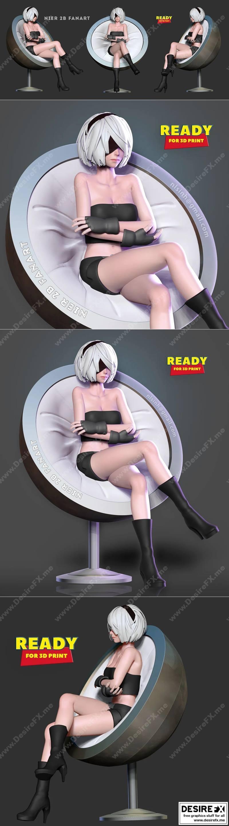 尼尔2B坐姿3D打印模型|Nier 2B in a chair – 3D Print Model STL