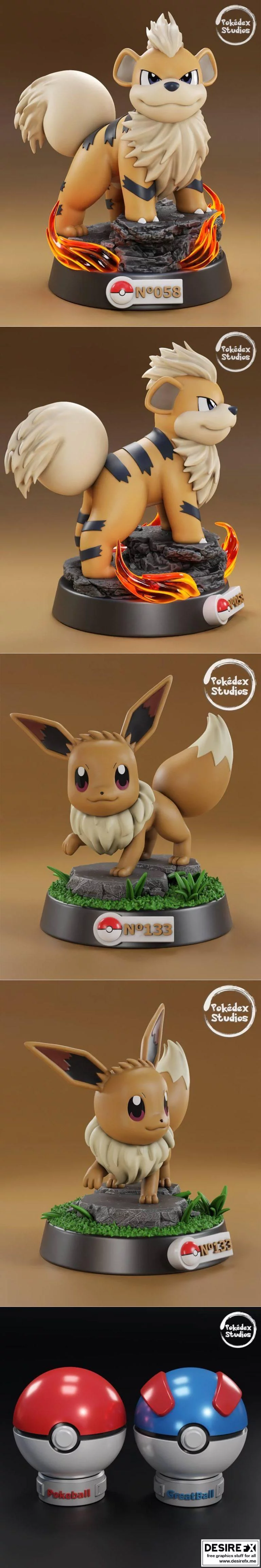 Pokedex 3D打印模型：Eevee、Growlithe、 Poke Ball、Great Ball|Pokedex Studios May 2022 – Eevee, Growlithe, Poke Ball, Great Ball