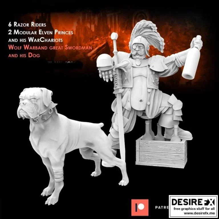 狼战团战斧武士与他的狗 3D打印模型|Wolf Warband Great Swordman and His Dog