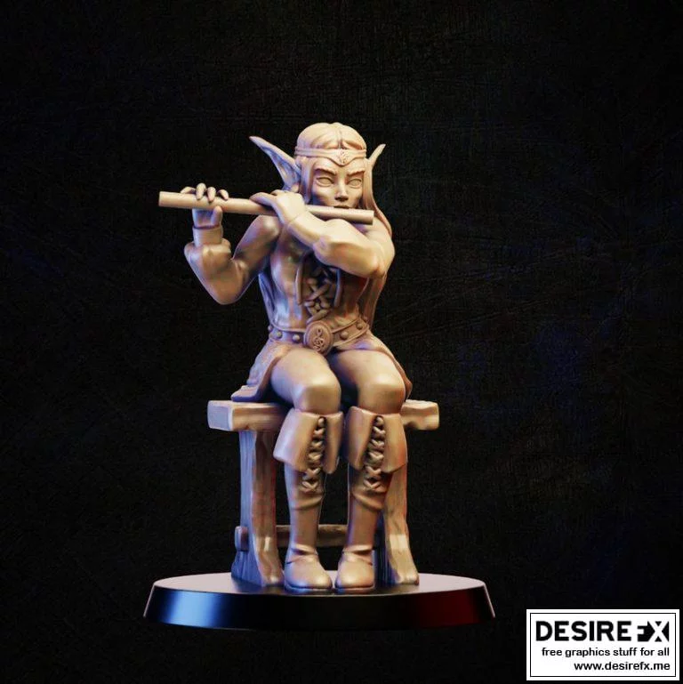 巴尔德精灵坐于长椅吹奏竖笛 3D打印模型|Bard elf on bench with flute