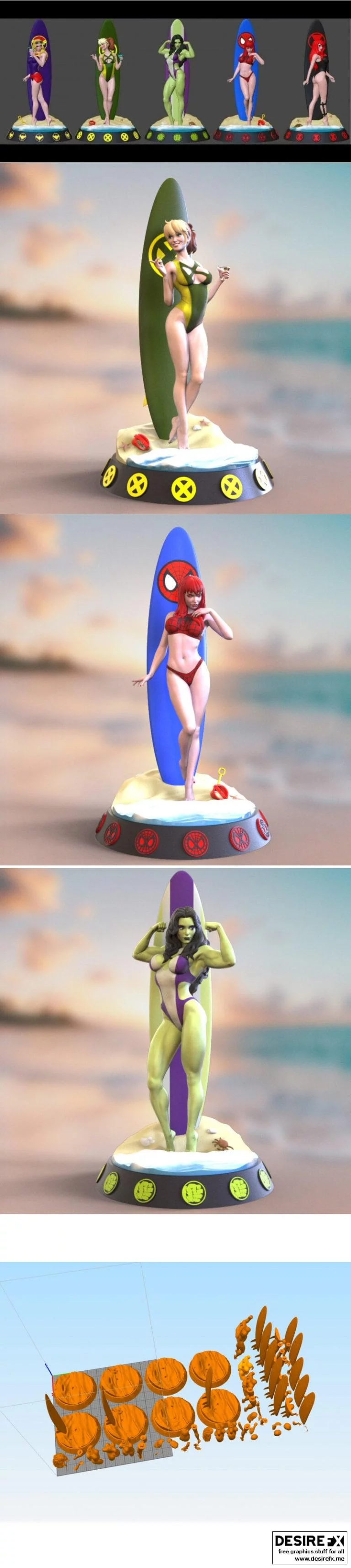 漫威3D打印模型：黑寡妇、惊奇女士、玛丽·简、野兽、女浩克|Surfers Marvel – Black Widow, Captain Marvel, MJ, Rogue, She Hulk