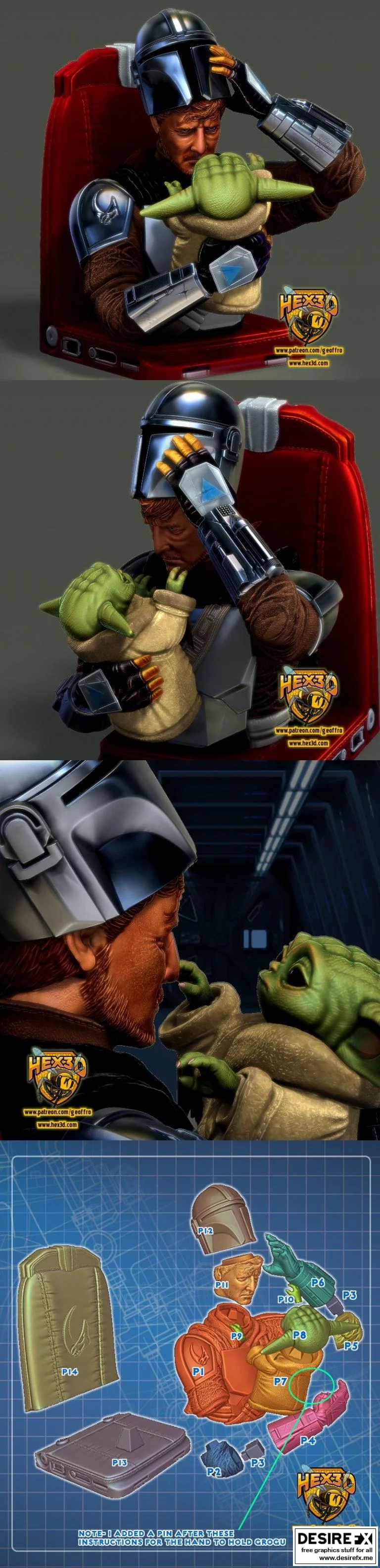 曼达洛人与格鲁格 V2 版 3D打印模型|Mandalorian and Grogu Bust V2 – Cut and Keyed – Hex3D – Grogu – Baby Yoda