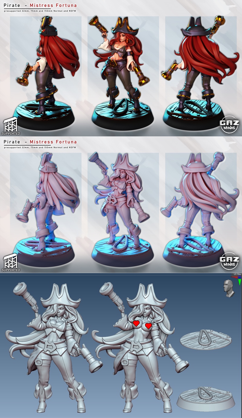 Gaz Minis海盗主题3D打印模型：Misstress Fortuna角色造型|Gaz Minis – Pirate – Misstress Fortuna – 3D Print Model STL