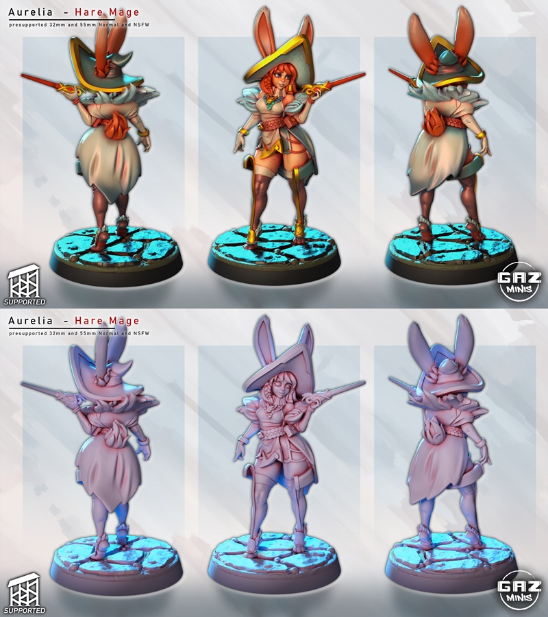 Gaz Minis - 奥瑞莉亚兔耳法师 3D打印模型|Gaz Minis – Aurelia Hare Mage – 3D Print Model STL