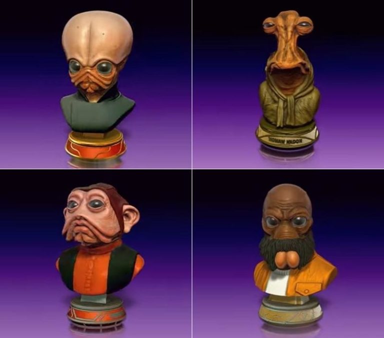 Hex3D - 佛灵雕像与莫莫雕像及尼恩·努布雕像与波达·巴巴雕像 3D打印模型|Hex3D – Figrin Bust and Momor Bust and Nien Nunb Bust and Ponda Baba Bust – 3D Print Model STL
