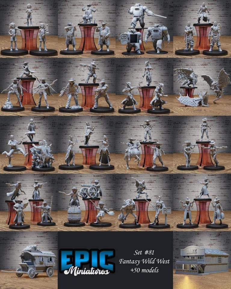 奇幻西部迷你模型集——怪西部遭遇场景3D打印模型|Epic Miniatures – Fantasy Wild West Set – Weird West Encounter – Western Settlers Collection – 3D Print Model
