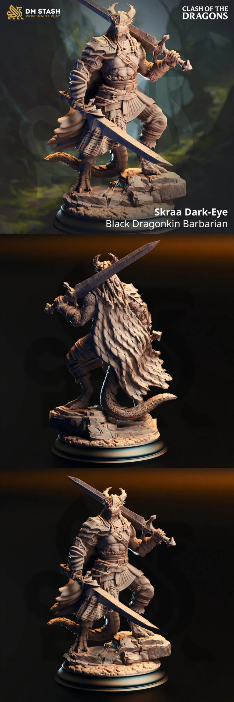 Skraa Dark-Eye 黑龙血脉狂战士 3D打印模型|Skraa Dark-Eye – Black Dragonkin Barbarian – 3D Print Model