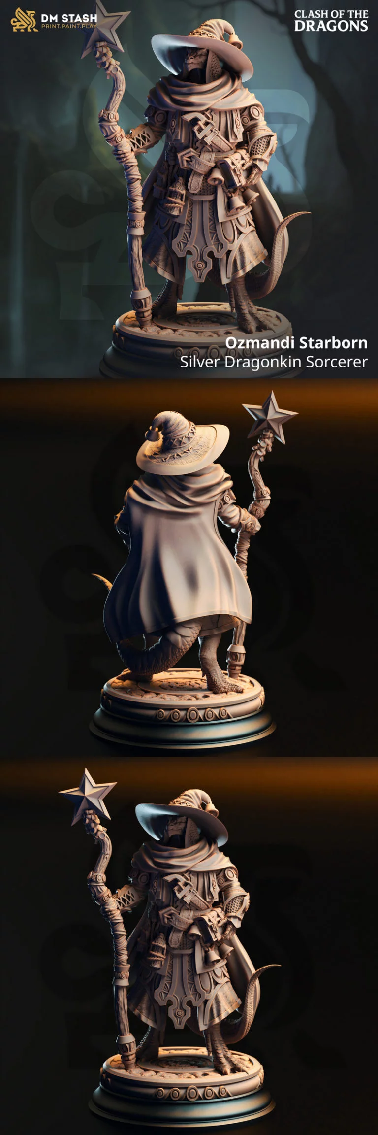 Ozmandi星裔——银龙族法师3D打印模型|Ozmandi Starborn – Silver Dragonkin Sorcerer – 3D Print Model
