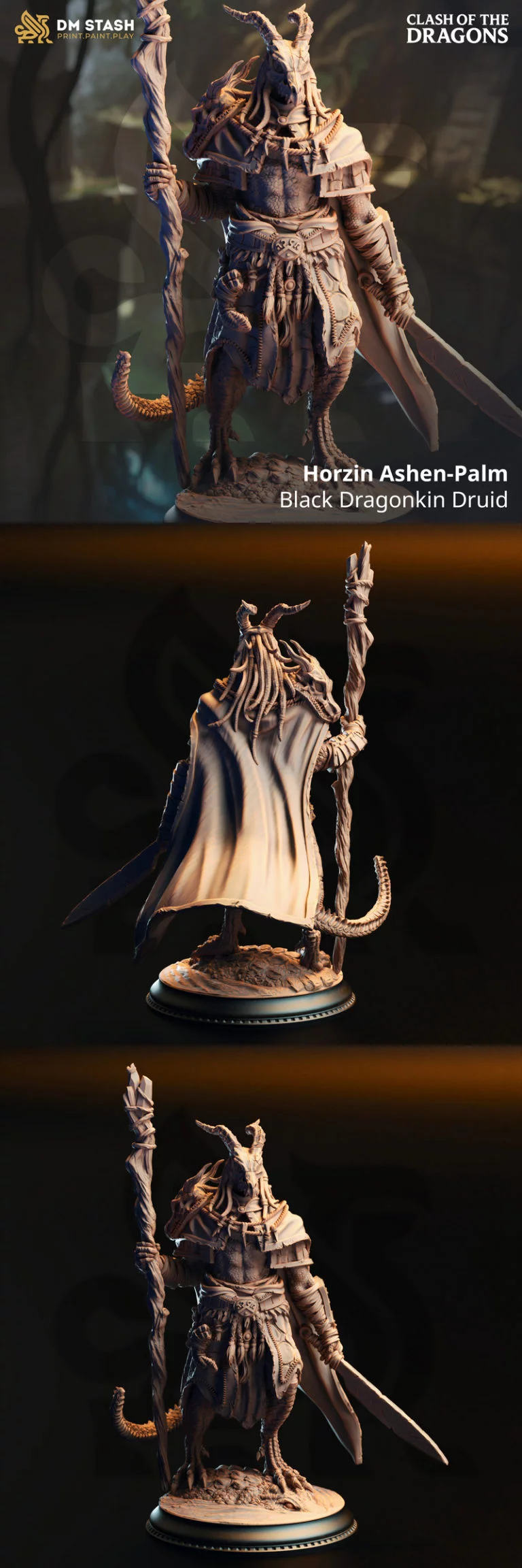 黑龙血裔德鲁伊——3D打印模型|Horzin Ashen-Palm – Black Dragonkin Druid – 3D Print Model