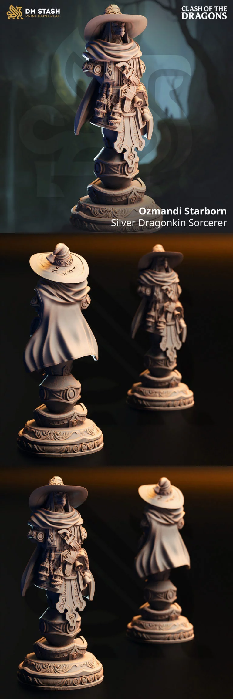 Ozmandi星裔——银龙族法师雕像 3D打印模型|Ozmandi Starborn – Silver Dragonkin Sorcerer Bust – 3D Print Model