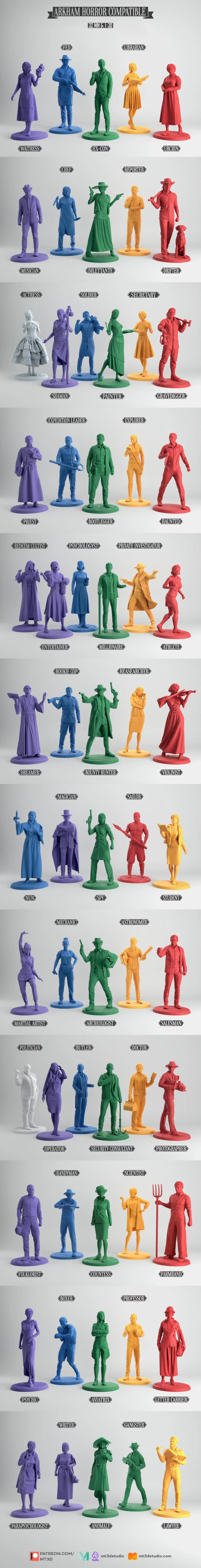 MT3D工作室63号模型——暗黑恐惧兼容3D打印角色模型|MT3D Studio – Investigator Pack of 63 Model – Arkham Horror Compatible – 3D Print Model