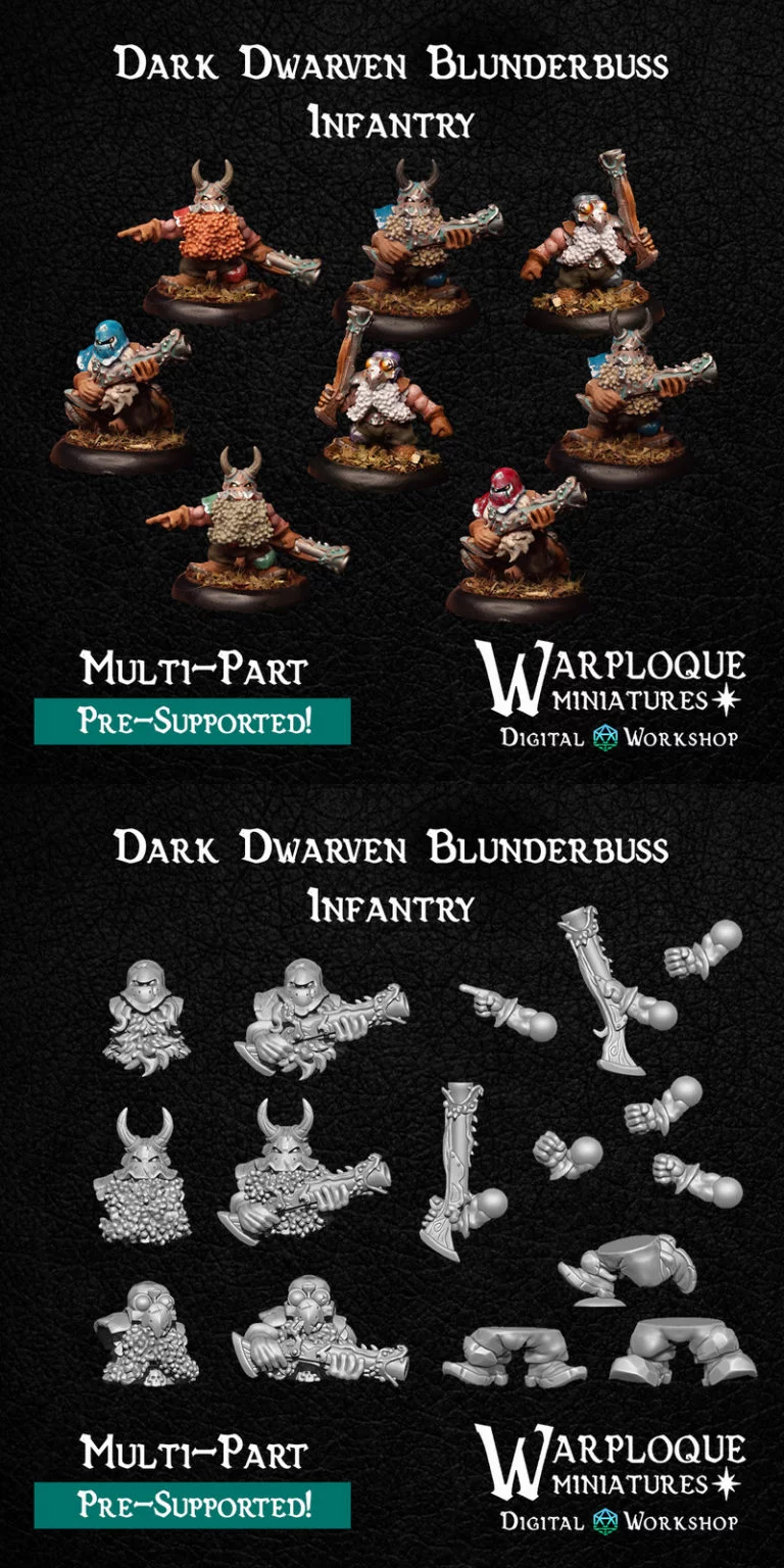 黑暗矮人笨重火枪步兵——3D打印模型|Dark Dwarven Blunderbuss Infantry – 3D Print Model