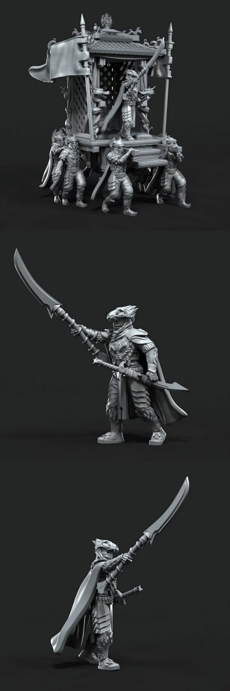 halberd与佩剑的帝王驾临抬轿——3D打印模型|Emperor with Halberd and Sheathed Sword on Palanquin – 3D Print Model