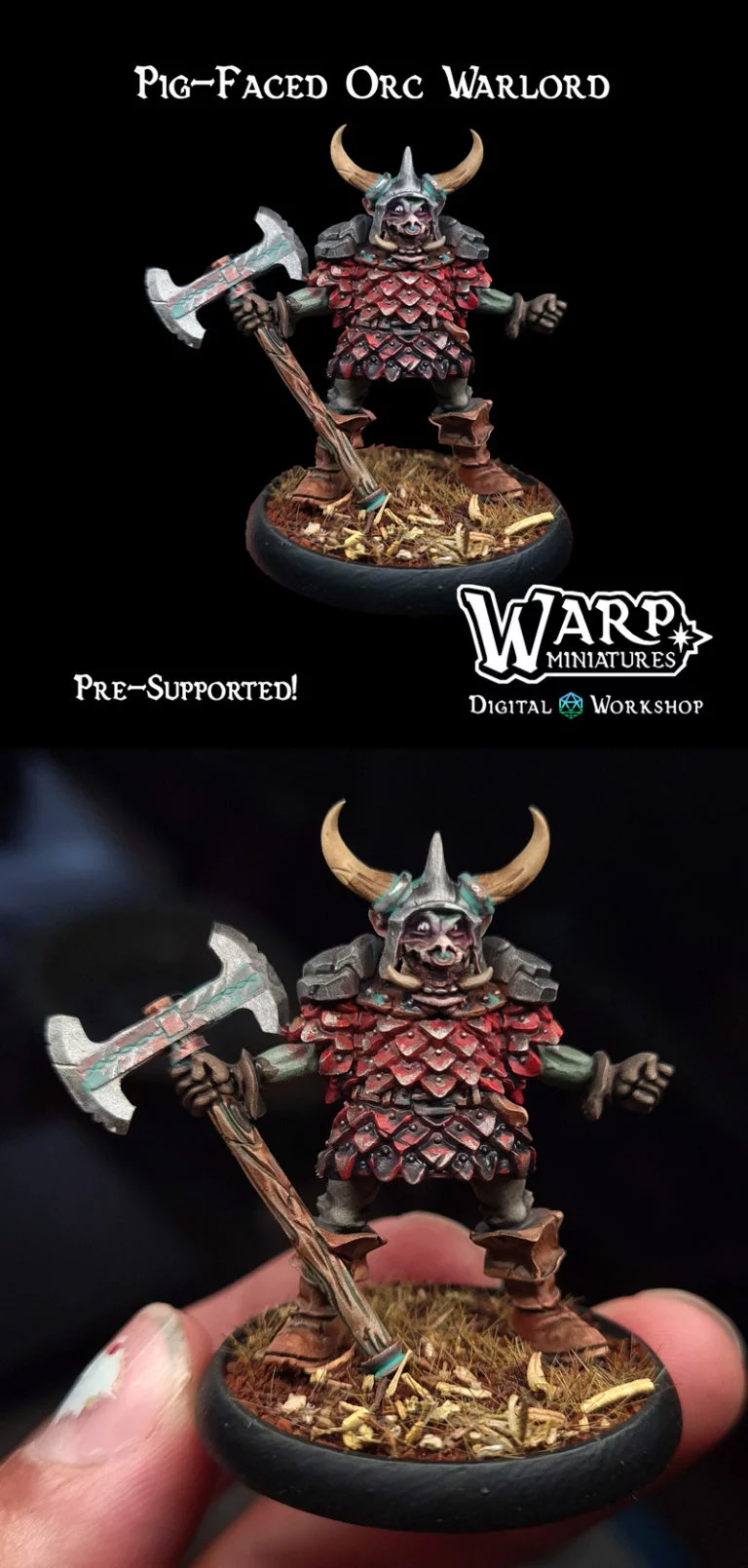 Warploque迷你模型：猪脸兽人战帅 3D打印版|Warploque Miniatures – Pig-Faced Orc Warlord – 3D Print Model