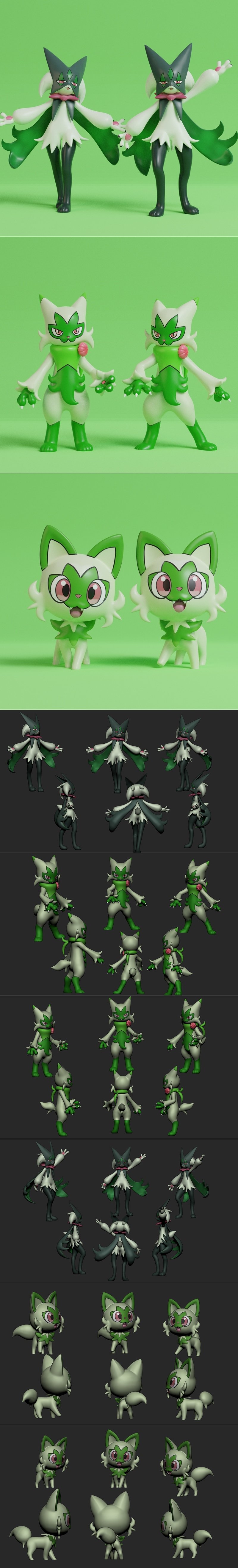 宝可梦3D打印模型：小火龙、小木木、小火龙（萌系角色双姿势呈现）|Pokemon – Sprigatito, Floragato and Meowscarada with 2 poses – 3D Print Model STL