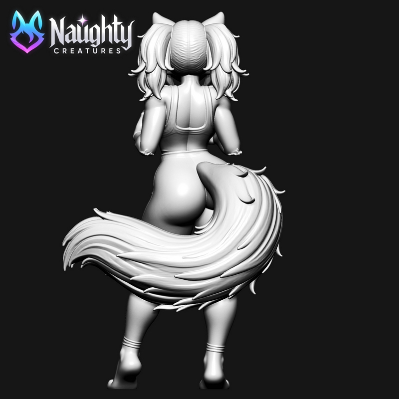 3D打印萌狐角色模型：毛茸狐少女身穿运动文胸，拟真细节呈现|Naughty Creatures – Furry Fox – Heavy Tits Straining Black Sports Bra NSFW – 3D Print Model