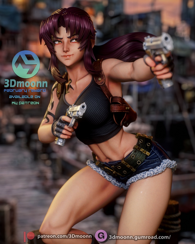 3D打印模型：黑礁海贼团·雷维|3Dmoonn – Black Lagoon – Revy – 3D Print Model