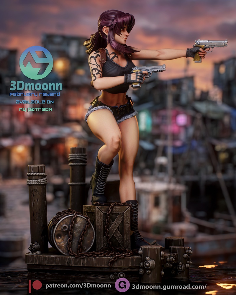 3D打印模型：黑礁海贼团·雷维|3Dmoonn – Black Lagoon – Revy – 3D Print Model