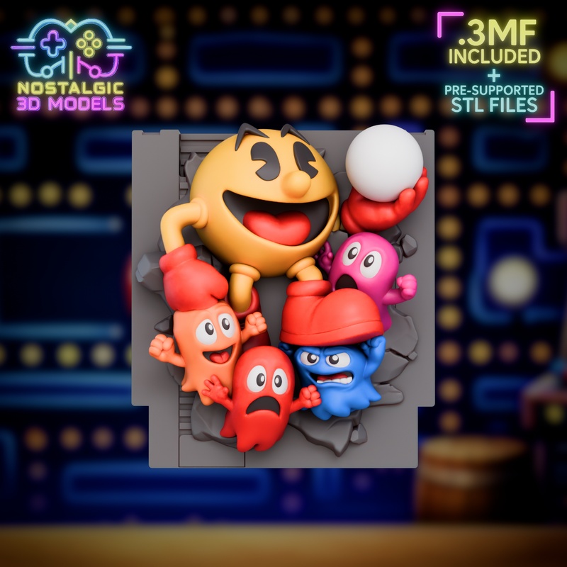 复古风弹珠人3D打印模型包|Nostalgic – Pac-Man Cartridge, Keychain, Wall Decor and Figure Package – 3D Print Model