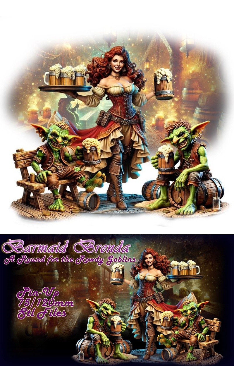 Barmaid Brenda 3D打印模型|Barmaid Brenda – A Round for the Rowdy Goblins – 3D Print Model STL